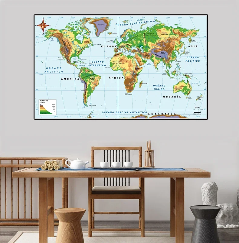 150*100cm In Spanish The World Orographic and Elevation Map Non-woven Canvas Painting Wall Art Poster Home Office Decoration