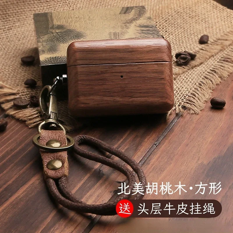 Lüks masif ahşap kulaklık kutusu AirPods için Pro 3 Pro2 koruyucu kapak AirPods için 1/2/3/4 kabuk + bilek kayışı inek derisi kordon