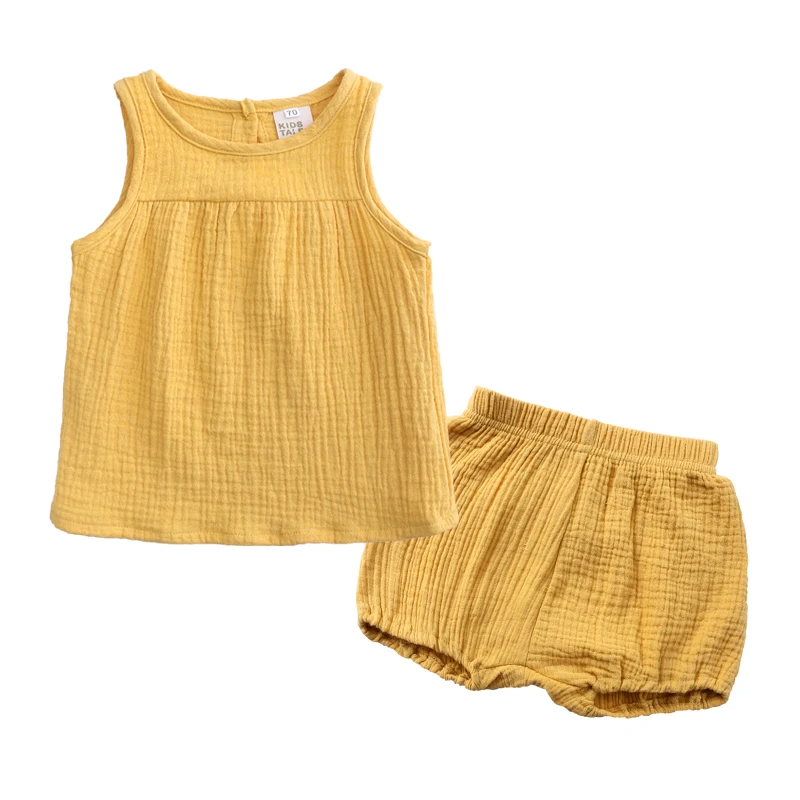 Baby Girl sets Cotton Linen Toddler Girls Clothes Sleeveless Vest + Shorts 2 PCS Soild Color Kid Suit 3M-4T