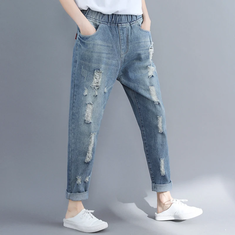 Ripped Hole Jeans Women Spring Fashion Elastic Waist Solid Color Vintage Denim Pants Casual Loose Versatile Ankle Length Trouser