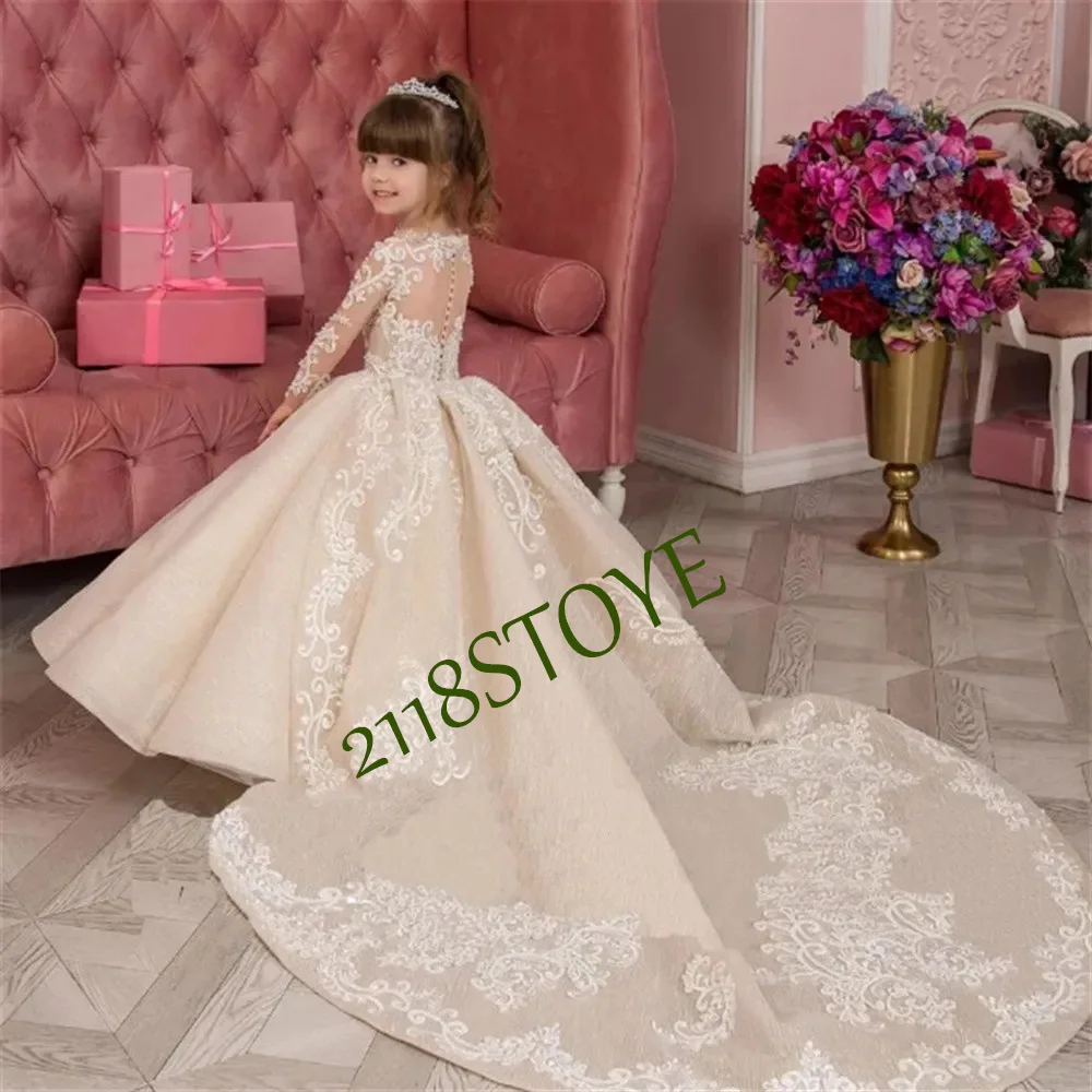 

Lovely Flower Child Dress Ivory Fluffy Satin Long-sleeved Lace Wedding Elegant Little Flower Child First Communion Customized