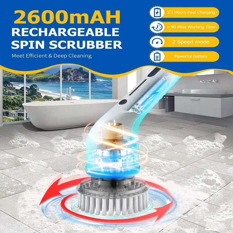 Electric Spin Scrubber, Cordless Shower Scrubber with 8 Replaceable Brush  Heads, 2 Adjustable Speeds and 3 Extension Handle, 90Mins Work Time Shower