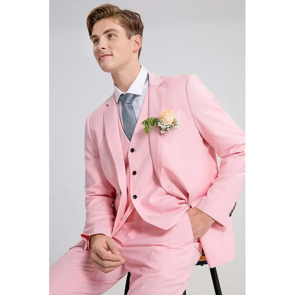 

Pink Men's Three-Piece Suit Elegant Formal Groom Wedding Tuxedo England Style Fashion Slim Fit Male Suit (Blazer+Vest+Pants)