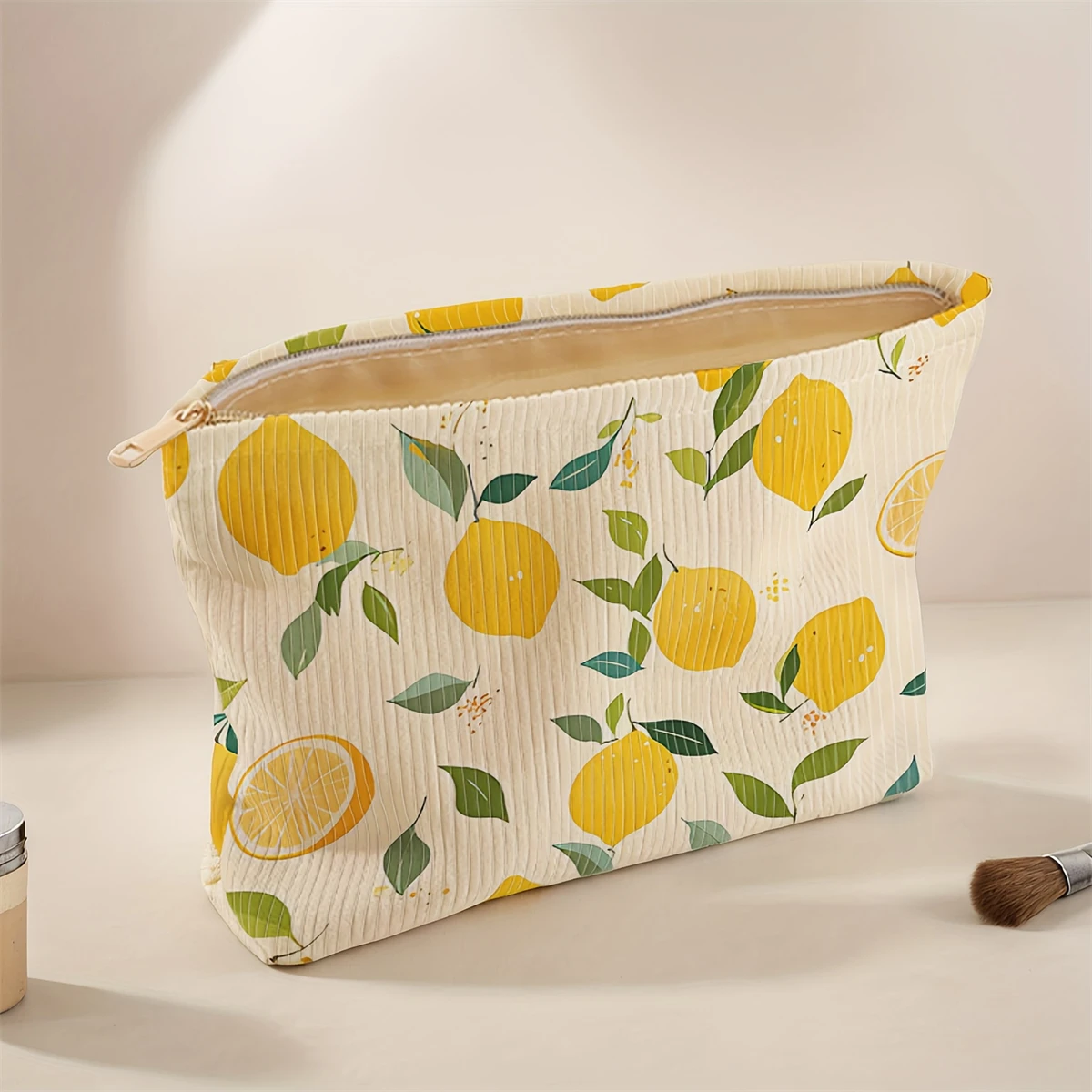 Minimally designed floral printed corduroy zipper makeup bag, lightweight and multifunctional cosmetic storage bag