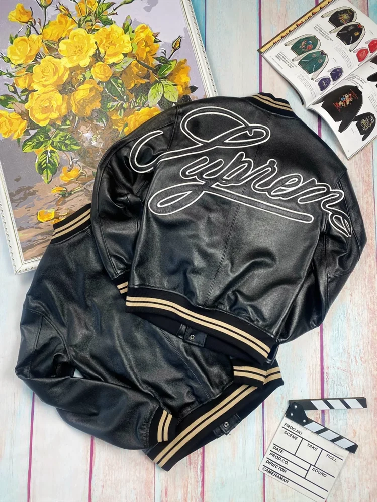 Men Leather Jacket First Layer Cowhide Casual Baseball Uniform Embroidered Loose Top