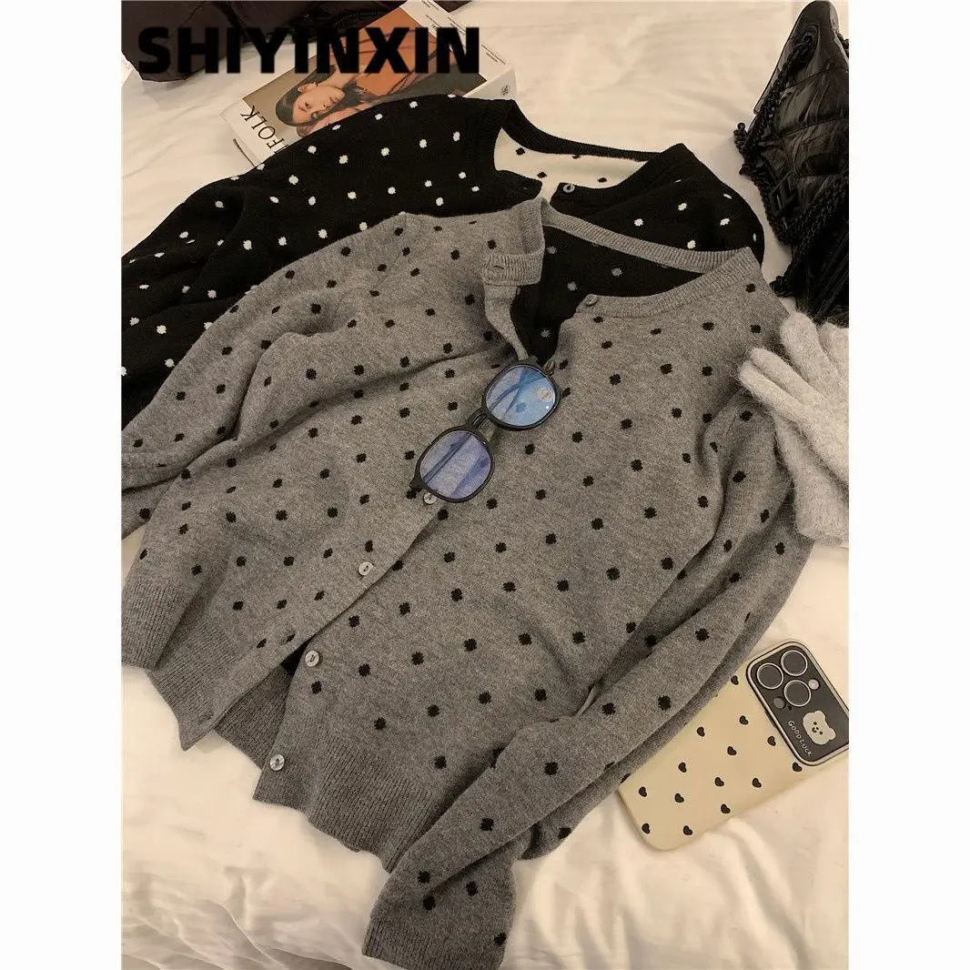 폴카 도트 O넥 긴팔 니트 가디건, 올매치 뜨게 아우터, 여성 의류, 한국 패션 상의, 신상