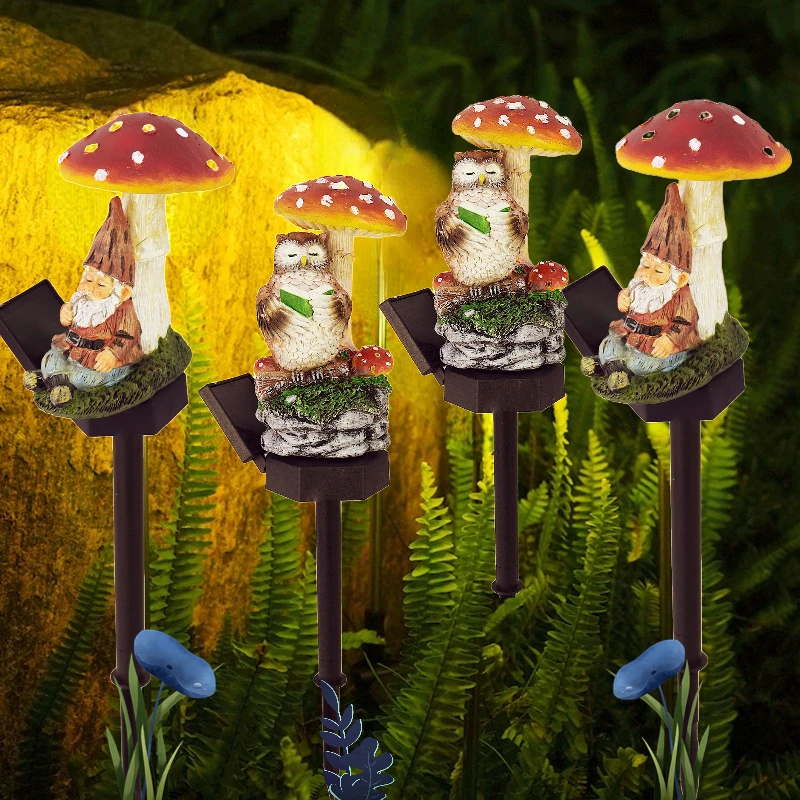 Solar Owl Garden Light Outdoor Santa Claus Mushroom Lamp LED Landscape Lawn Lantern Waterproof Resin Statue Decor for Party/Xmas