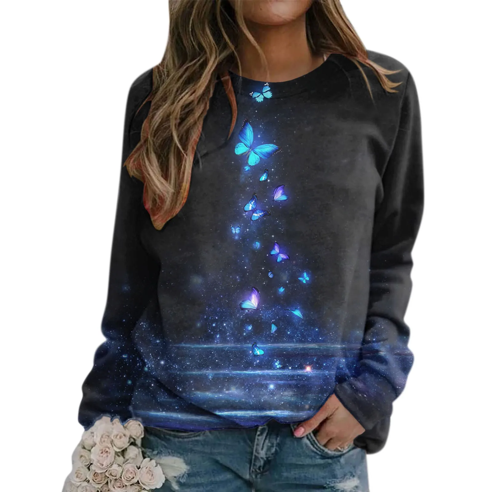 Women Pullover Y2k Sweatshirt Pinup Butterfly Printed Round Neck Long Sleeve Hoodies Autumn Loose Soft Fashion Tracksuit Tops