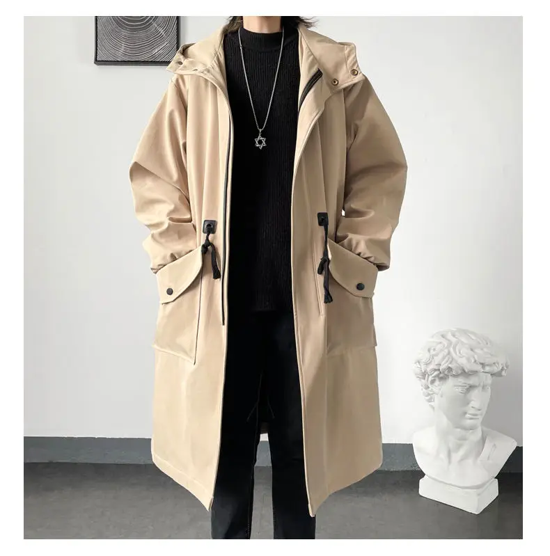 Long Trench Coats Men Overisze Jacket Windbreaker Big Pockets Hooded Cloak  Wind Resistant Trenchcoats Green Outwear Overcoat