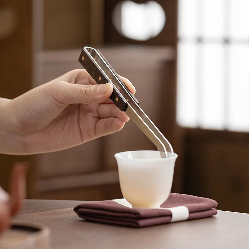 1PC Pure titanium tea tongs, heat-resistant household ebony Gongfu tea set accessories cup tongs