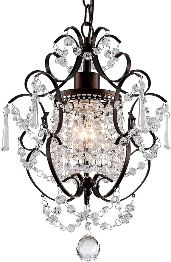 

Modern Mini Crystal Chandelier,Iron Bronze Crystal Light Fixtures Ceiling Mount 1 Light Small Chandeliers for Bedroom