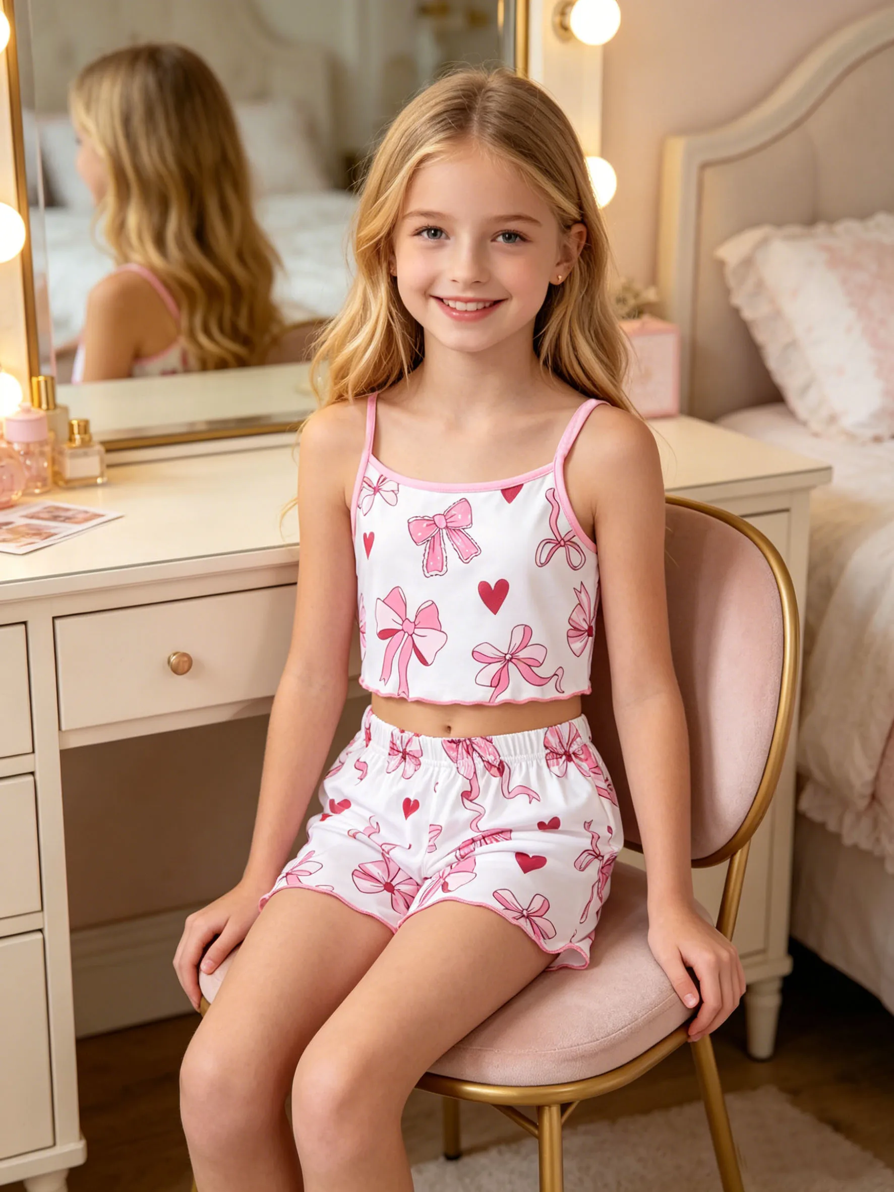 여아 패셔너블 홈웨어 여름, 여아 야외 레저 리본 러브 패턴 탑 베스트 반바지