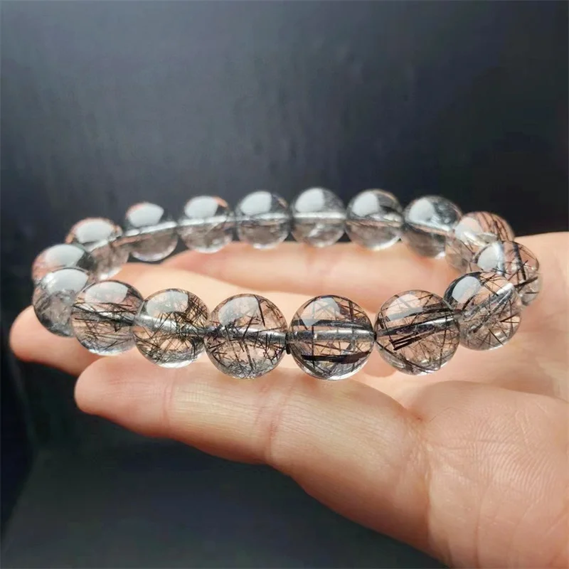 

12MM Natural Black Hair Quartz Bracelet Round Bead Jewelry Women Fashion Charm Bracelet Femme Gift 1Pcs