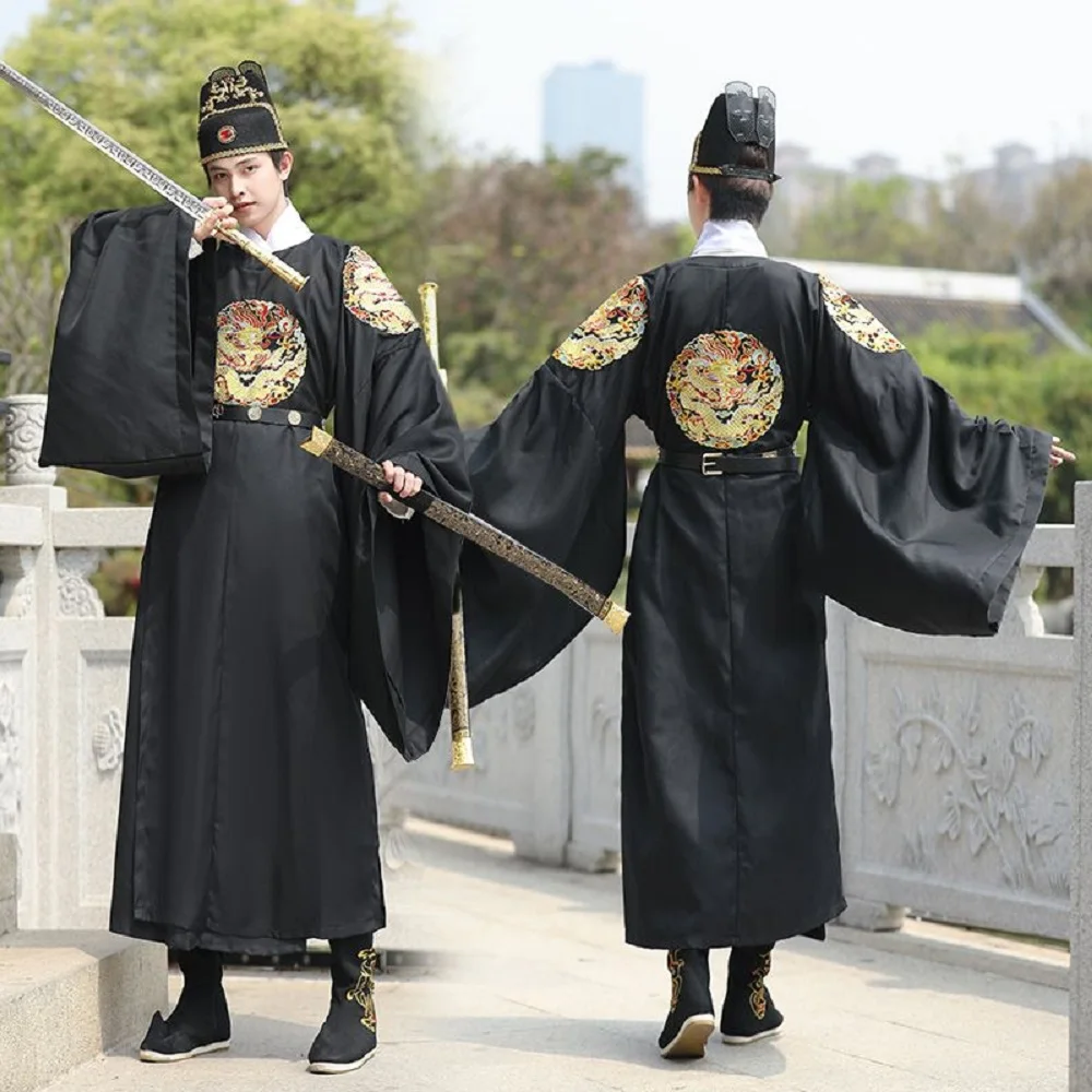 

Black male Hanfu long robe Ming system round collar robe Emperor heavy industry embroidery Chinese style ancient style