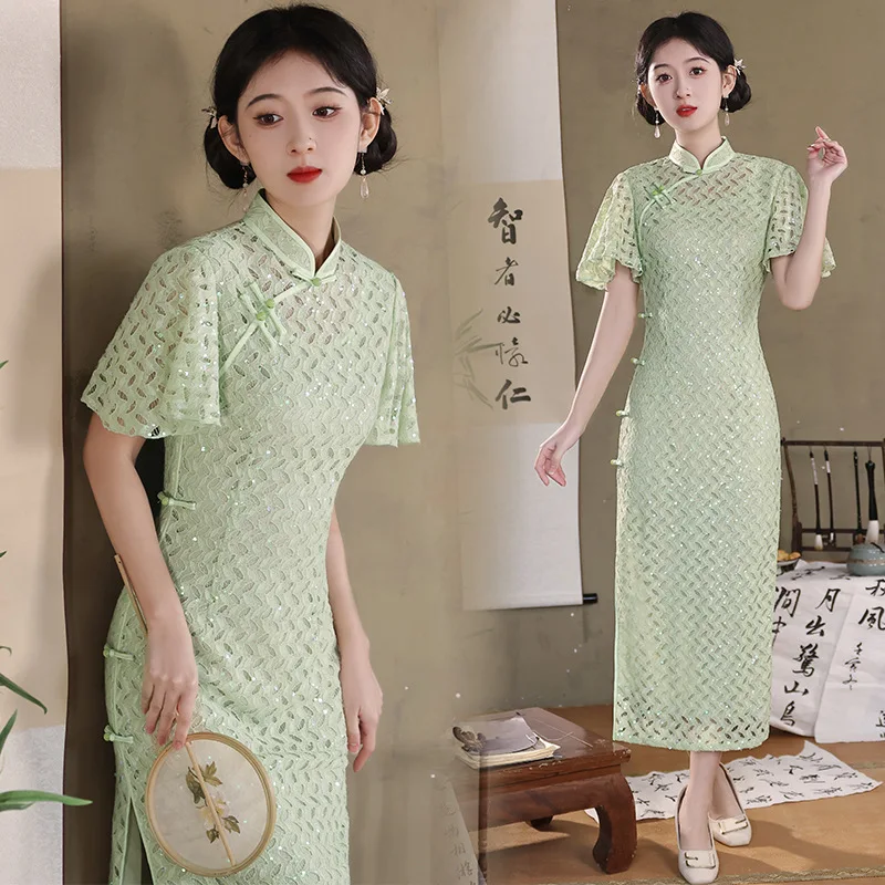 

2024 Spring/Summer New Improved Qipao Green Lace Long Youth Daily Chinese Style Qipao Women Cheongsam Dress