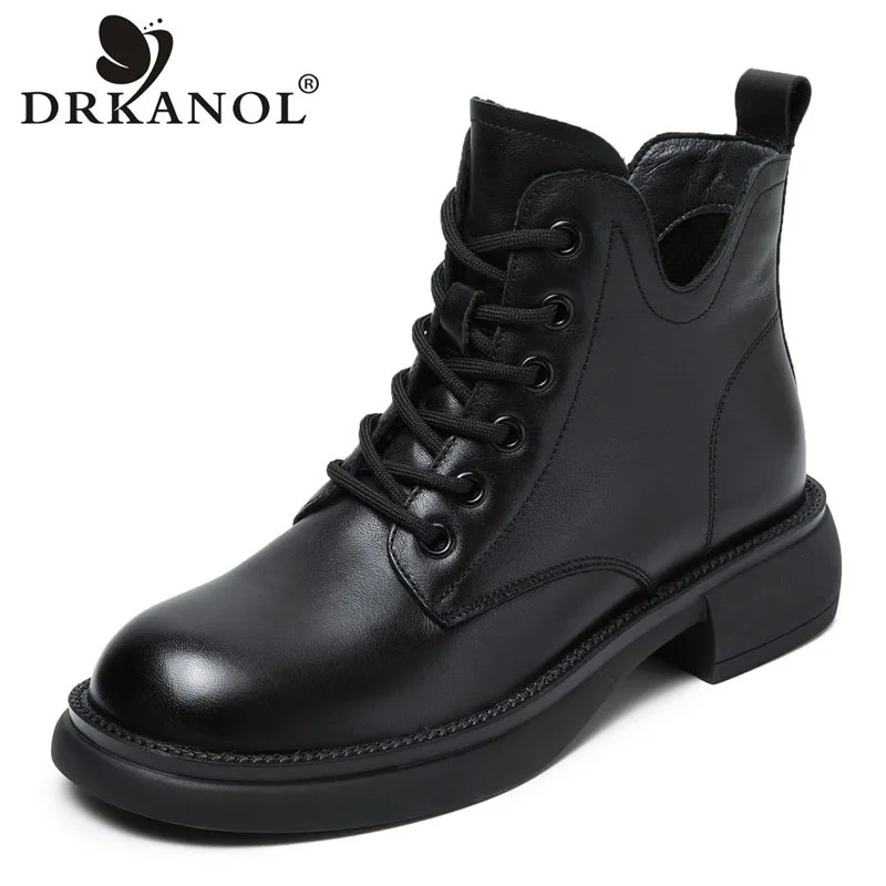 DRKANOL Fashion Trend Women Boots Autumn Winter Short Plush Warm Flats Heel Ankle Boots For Women Genuine Leather Casual Shoes