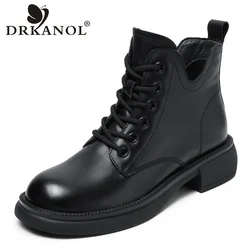 DRKANOL Fashion Trend Women Boots Autumn Winter Short Plush Warm Flats Heel Ankle Boots For Women Genuine Leather Casual Shoes