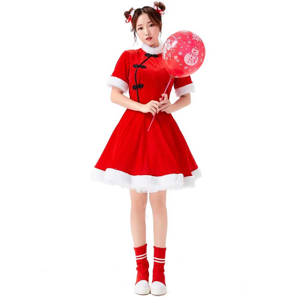 

Adult Women Christmas Xmas Santa Claus Red Short Sleeves Dress Halloween Role Play Dress Up Cosplay Costume