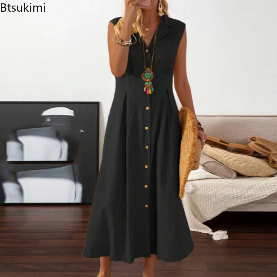 

2024 Women's Summer Casual Cotton Linen Dress Solid Suit Collar Button Long Skirt Dress for Holiday Elegant Beach Dress Female