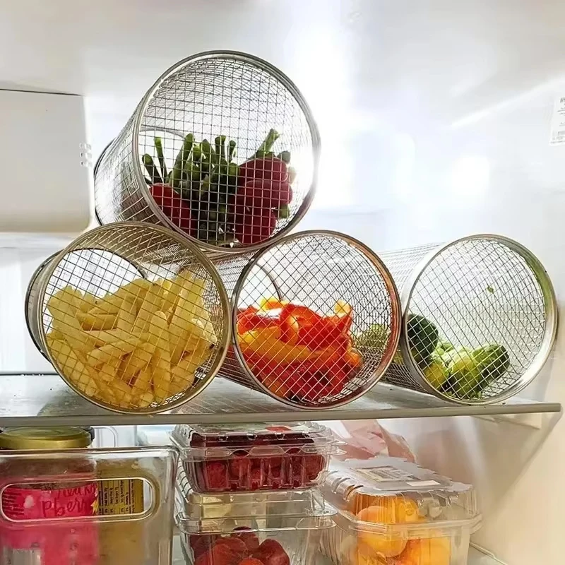 BBQ Basket Stainless Steel Rolling Grilling Basket Wire Mesh Barbecue Cage Portable Round Outdoor Camping Barbecue Rack