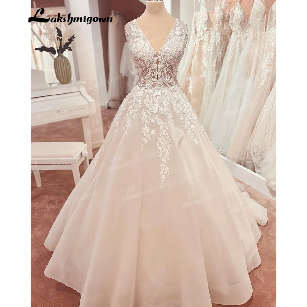 

Lakshmigown Elegant A-line Wedding Dress 2024 V Neck Lace Appliques Flower Bridal Gowns Customized Vestido De Casamento