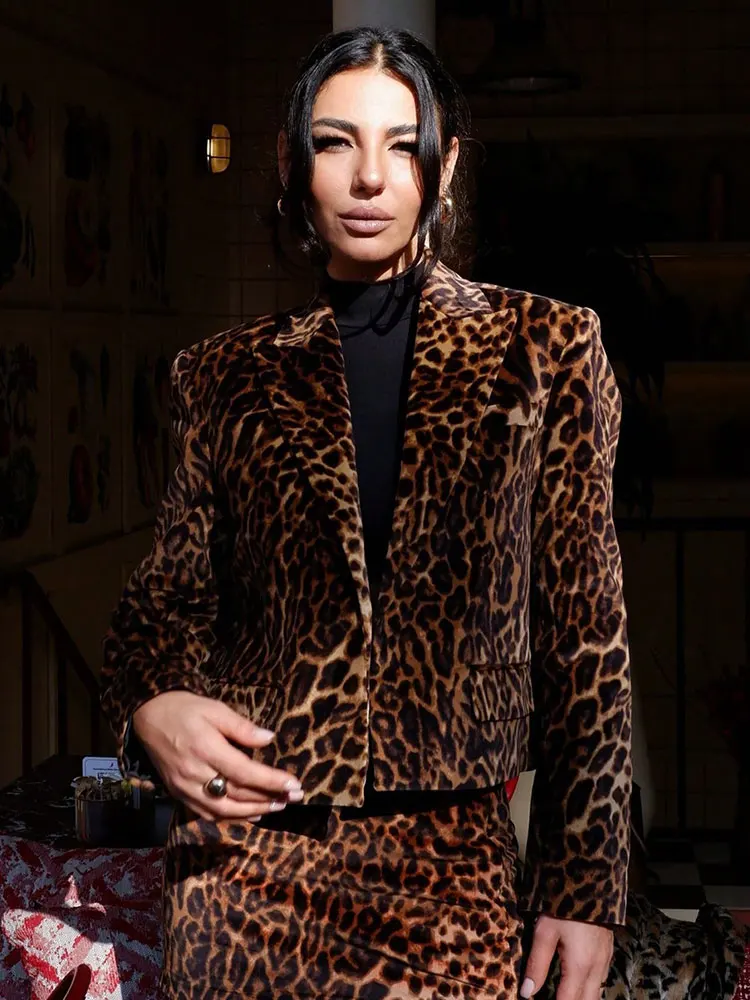 HH Women Fashion Leopard Print Short Blazers Coat Elegant Woman Long Sleeve Suit Jacket Y2K Vintage High Street Lady Outwear