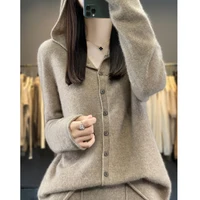First Line 100% Merino Wool Knitted Cardigan Women's Autumn And Winter Hoodie Loose Sweater Fashionable Versatile Coat Top YC014 - Image 3