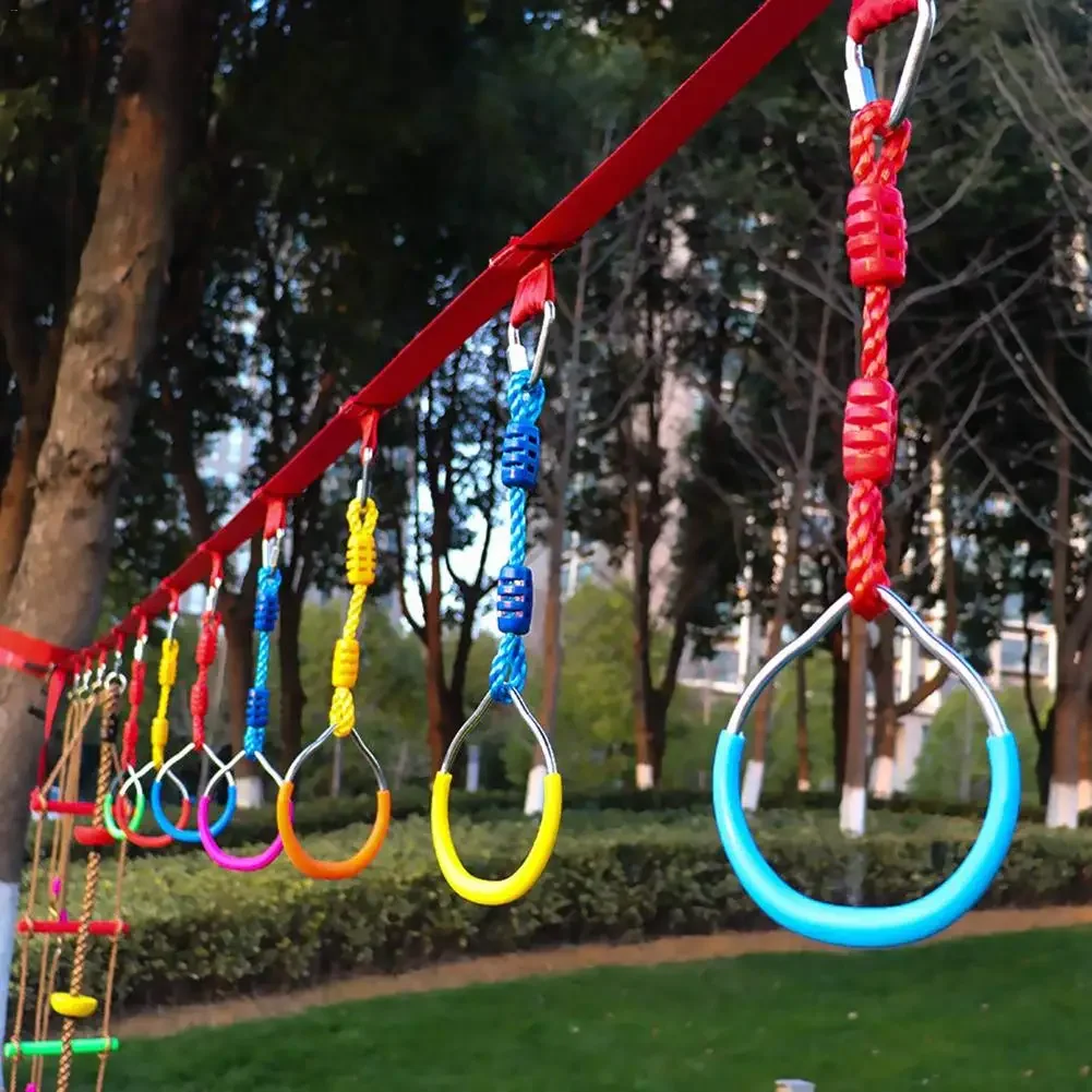 Heavy Duty Children Trapeze Bar Kids Pull Up Gym Rings Colorful Backyard Outdoor Warrior Obstacle Course Slackline Kit gymnastic rings gymnastics bar