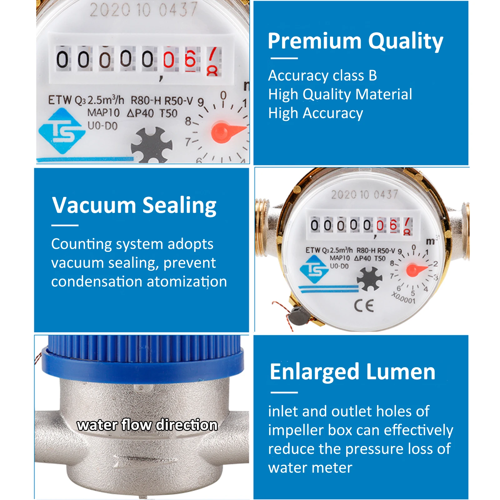 TS-S3003E 15mm 1/2 inch Cold Water Meter Read of Cubic Flow Meter 360 Adjustable Rotary Counter Water Measuring 0.0001 water meter