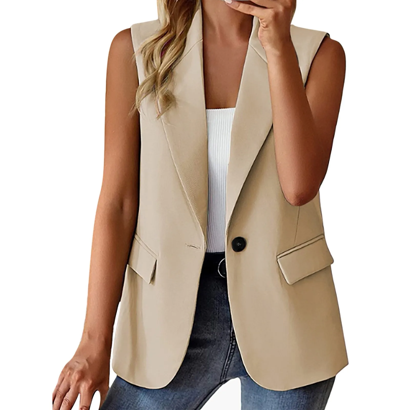 

Women'S Vest 2024 Sleeveless Vests Summer Waistcoat Sleeveless Business Vest Coat V-Neck Single-Breasted Ladies Casual Tops Coat