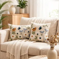 Embroidered Aesthetic Boho Cozy Lumbar Pillow Cover with Zipper for Spring & Summer Decor (Huami blue)
