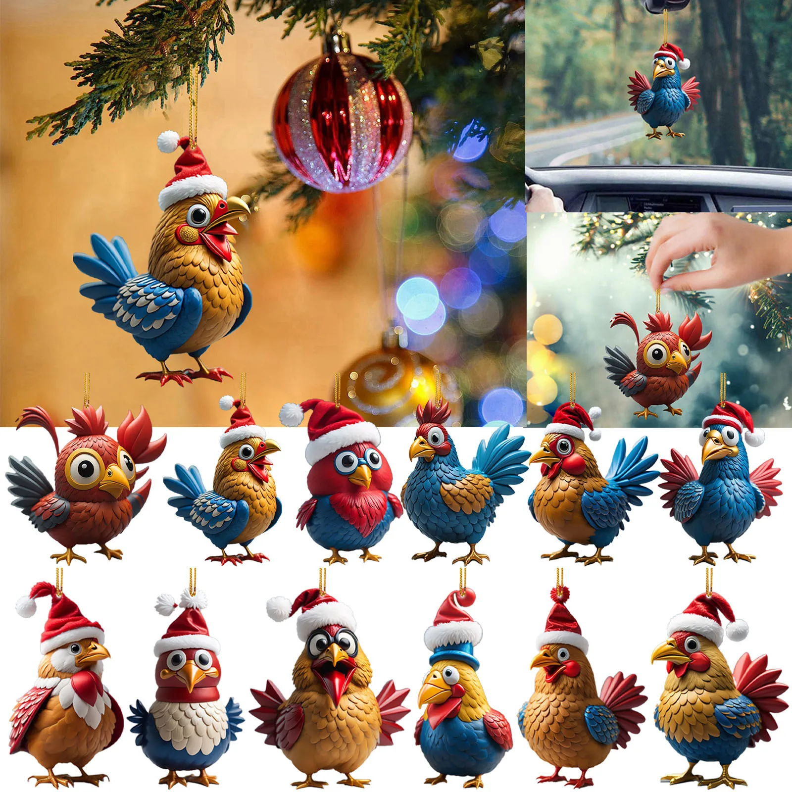 

Festive Car & Christmas Tree Charm Creative cute Animal Chicken Christmas Pendant Bird Car Hanging Home Christmas Tree Ornament
