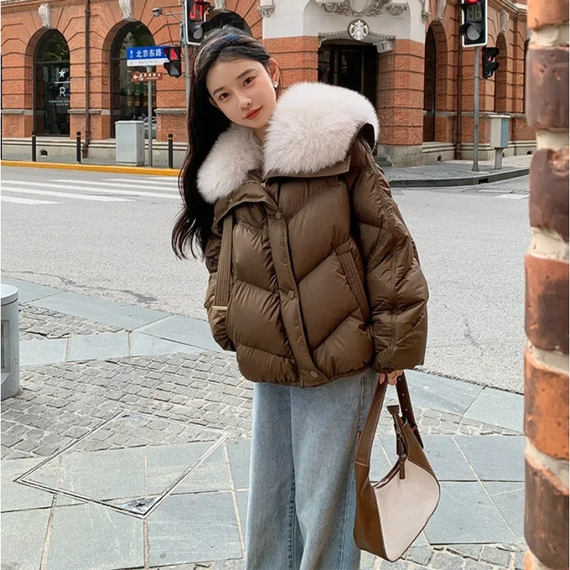 Short White Duck Down Jacket Women 2023 Fashion Fox Fur Collar Winter Coats Fresh Sweet Clothes Raglan Sleeves Thick Tops Coffee