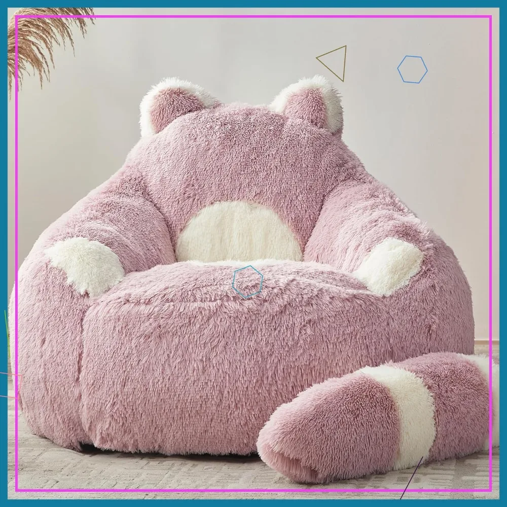Large Fluffy Raccoon Bean Bag Chair with Filler, Faux Fur Sofa for Adults Kids Reading Sleeping