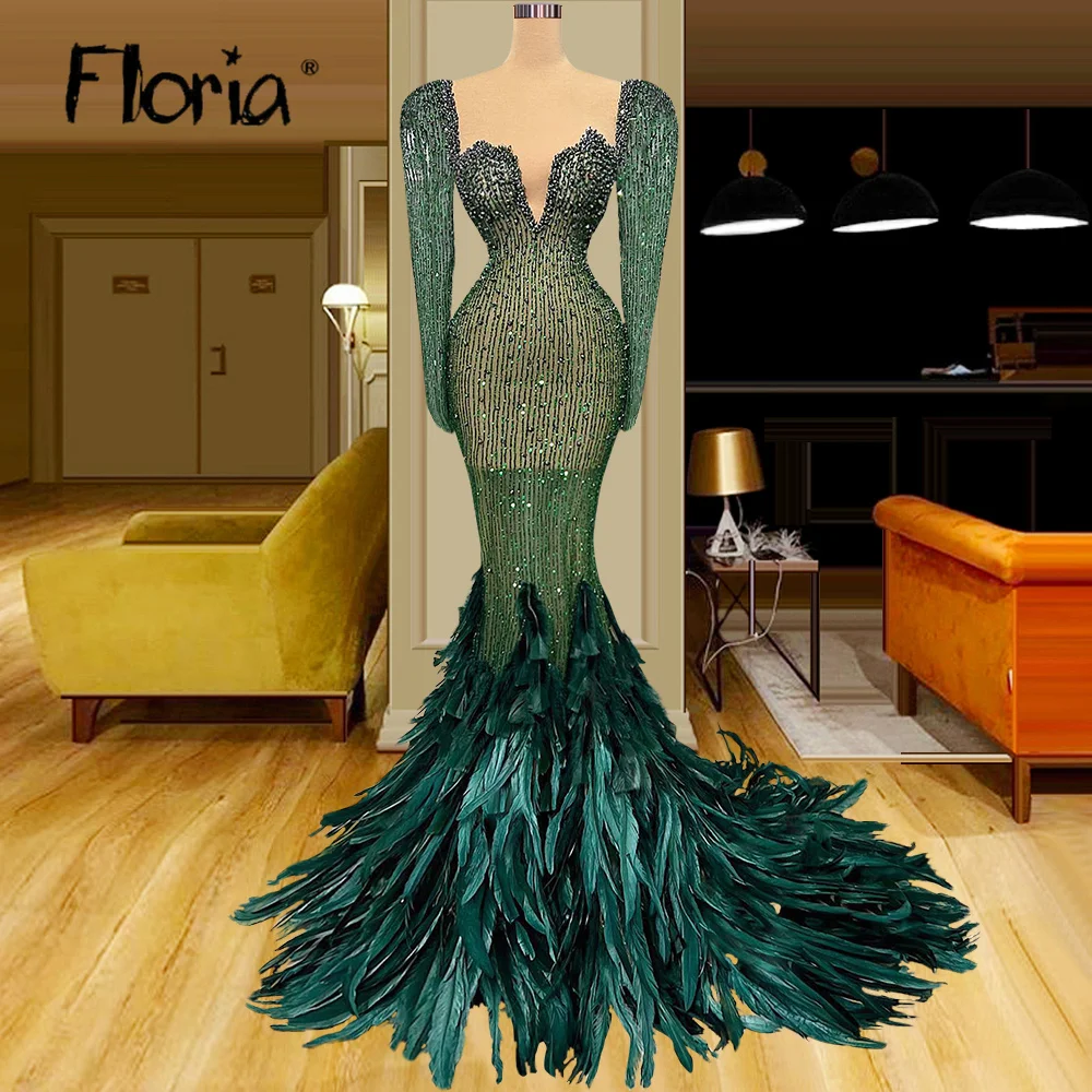 

Emerald Green Luxury Beaded Formal Evening Dress Mermaid Feather Wedding Party Gown Plus Size Custom Made Dubai 2023 Robe Soirée