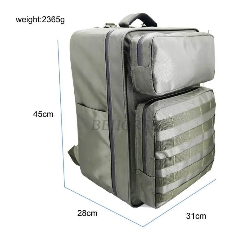 Ouverture du sac à dos de rangement EVO MAX 4T montrant les compartiments intérieurs, étui de transport rigide et imperméable.