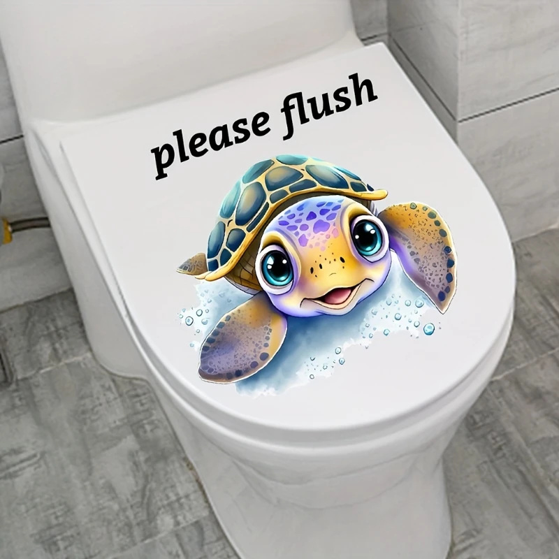 Fun Cartoon Turtle Toilet Sticker Easy Apply Removable Glossy PVC Decal with 'Please Rinse' Message for Bathroom Decor vinyl stickers toilet stickers toilet wall stickers toilet seat stickers turtle wall stickers