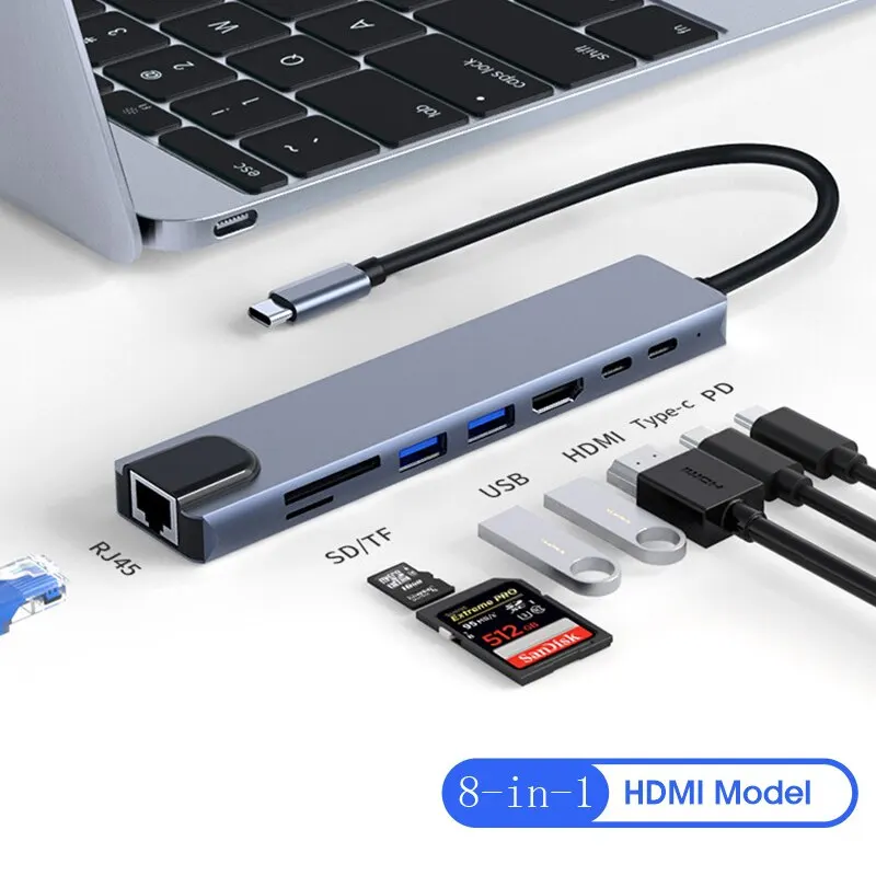 8in1 USB C HUB Type C Splitter 4K Thunderbolt 3 Docking Station Laptop Adapter For Macbook Air M1 iPad Pro RJ45 HDMI Computer 6