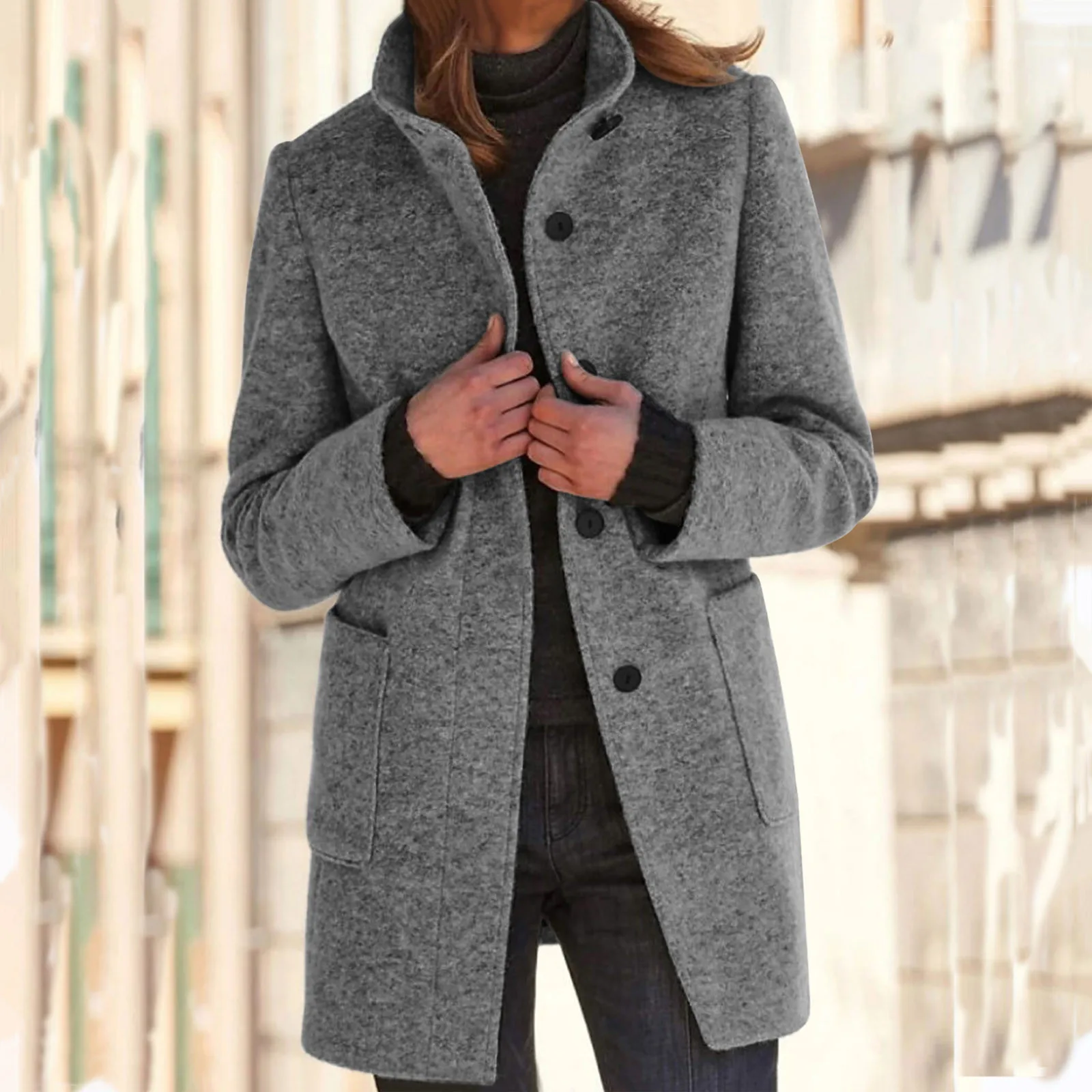 Trendy Women Overcoat Stand Collar Solid Color Buttons Pure Color Women Overcoat Lady Coat Thermal