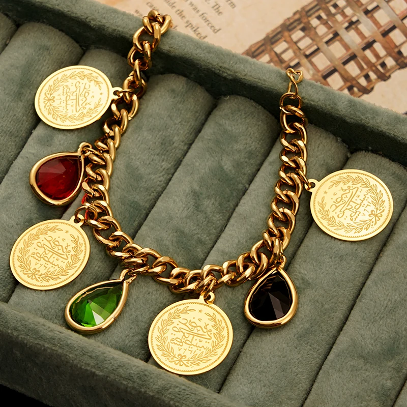 Gold Link Bracelet With Coins Pendants Link Chain Bracelet Chunky Medal  Bracelet Multi Dangling Charm Bracelet - Etsy