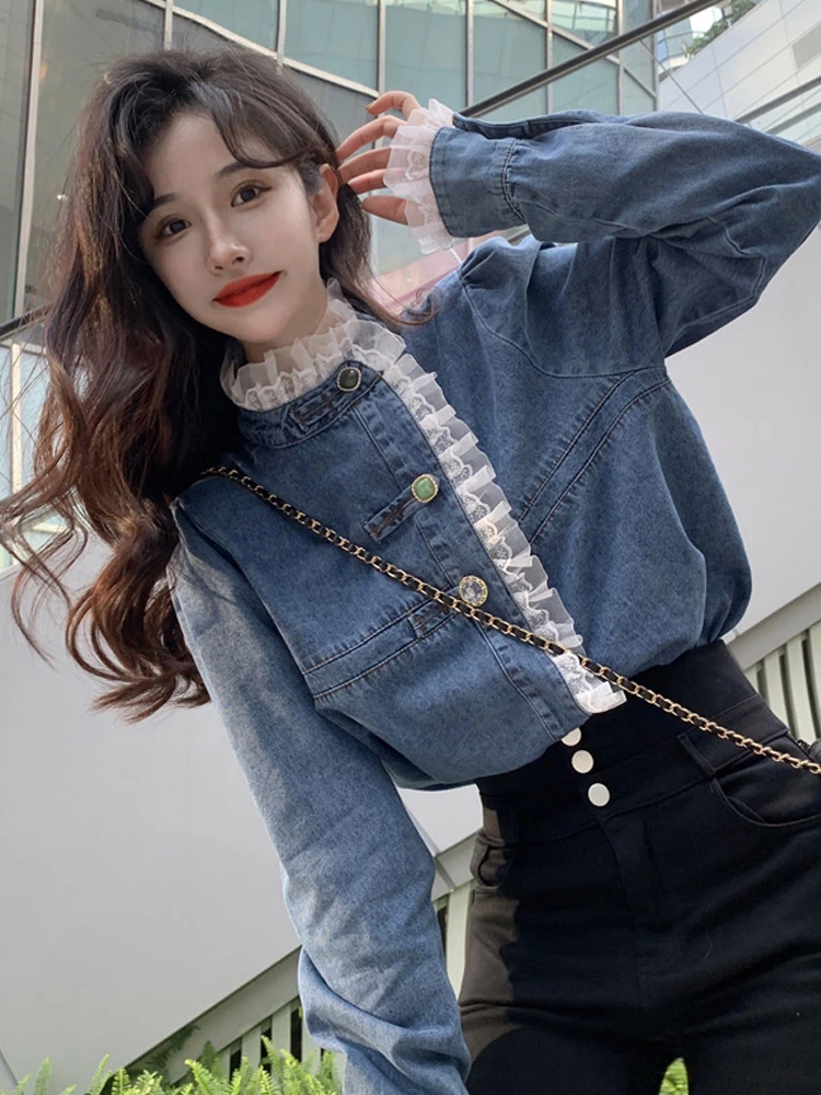 Uitgestorven Bliksem Bijzettafeltje Denim Shirt Women's Spring 2023 New Fashion Design Lace Stitching Chic Coat  Tops Long Sleeve Jean Tops dames kleding| | - AliExpress