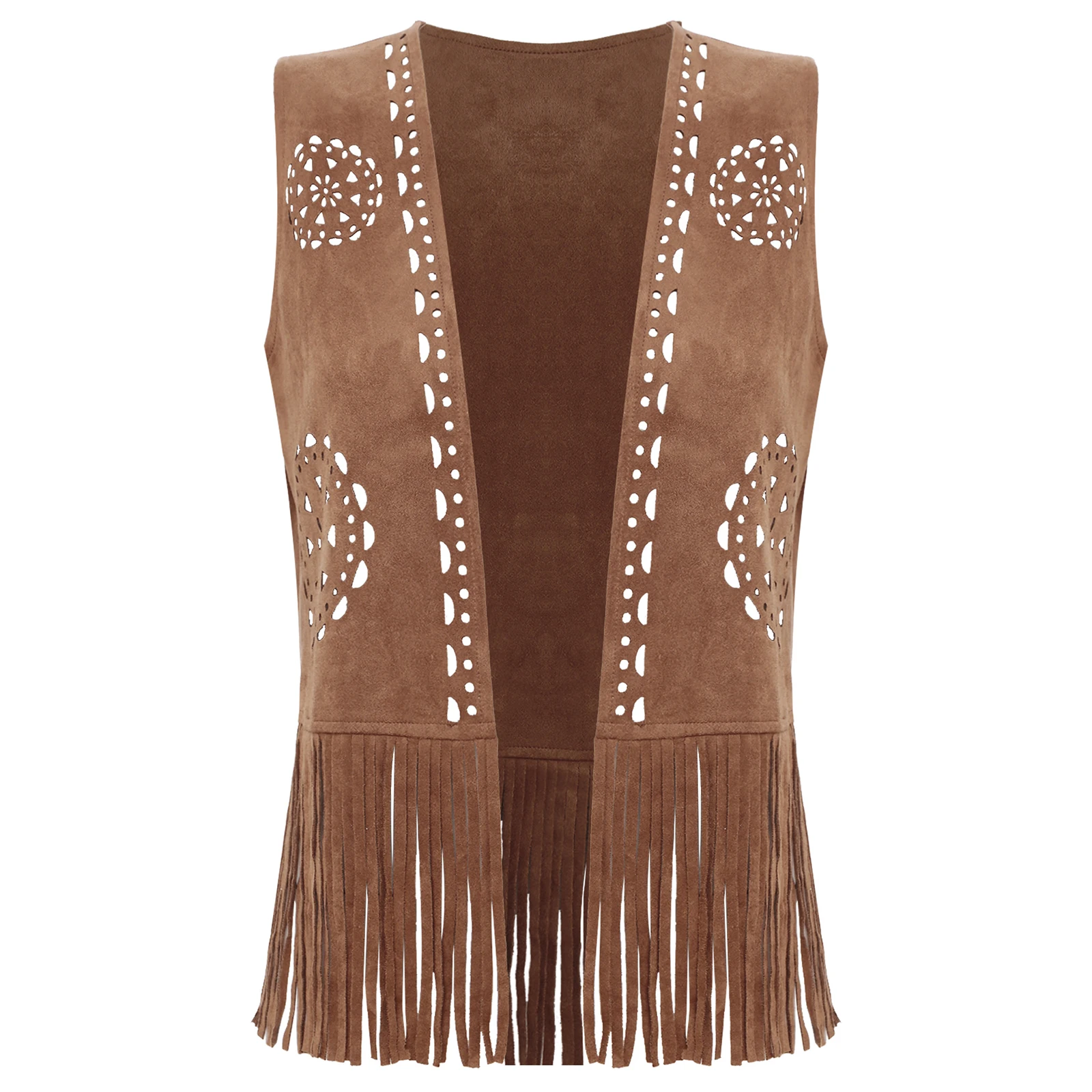 Womens Western Cowgirl 70s Disco Hippy Cosplay Costume Fringe Vest Vintage Hollow Out Tassel Tank Tops Faux Suede Waistcoat