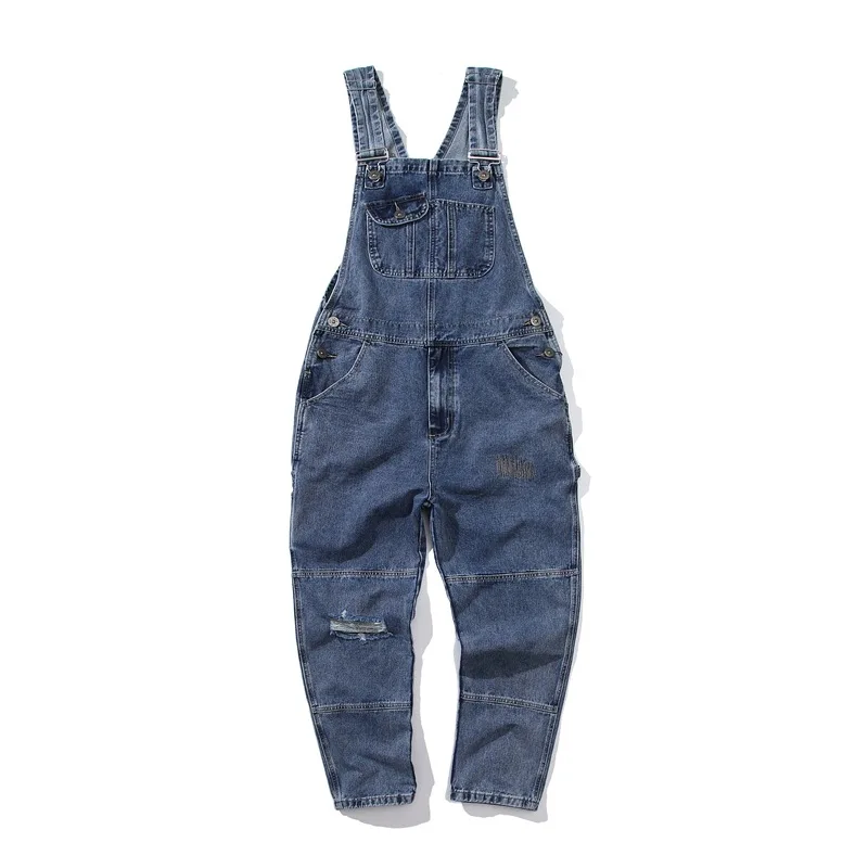 Retro Overalls Mens Casual Bib Cargo Pants Ripped Jeans Loose Trousers Patchwork Jogging Vintage Streetwear
