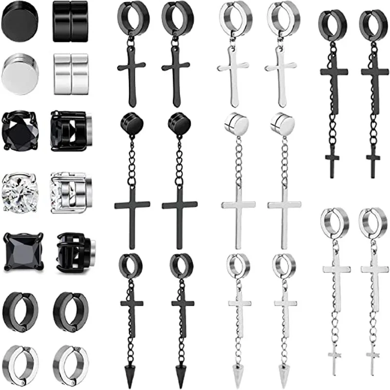 ONESING 15 Pairs Black Stud Earrings for Men Stainless Steel Stud Earrings Set 