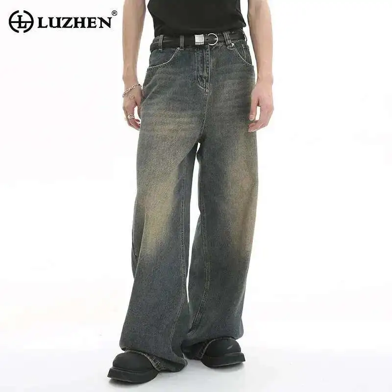 LUZHEN 오래된 남성 바지 봄 블루 씻어 남성 데님 청바지 스트레이트 캐주얼 남성복 느슨한 넓은 다리 바지 2025 새로..