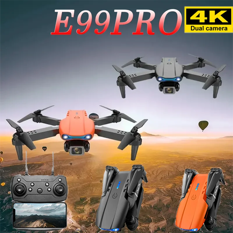 Drone professionnel avec caméra HD en vol au-dessus d'un paysage, pack de deux batteries visible.