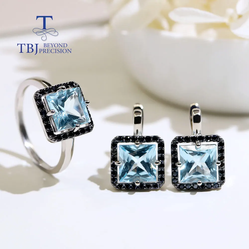 Women's 925 Sterling Silver Jewelry Set with Natural Sky Blue Topaz Gemstones Earring & Ring Stackable Gift 1