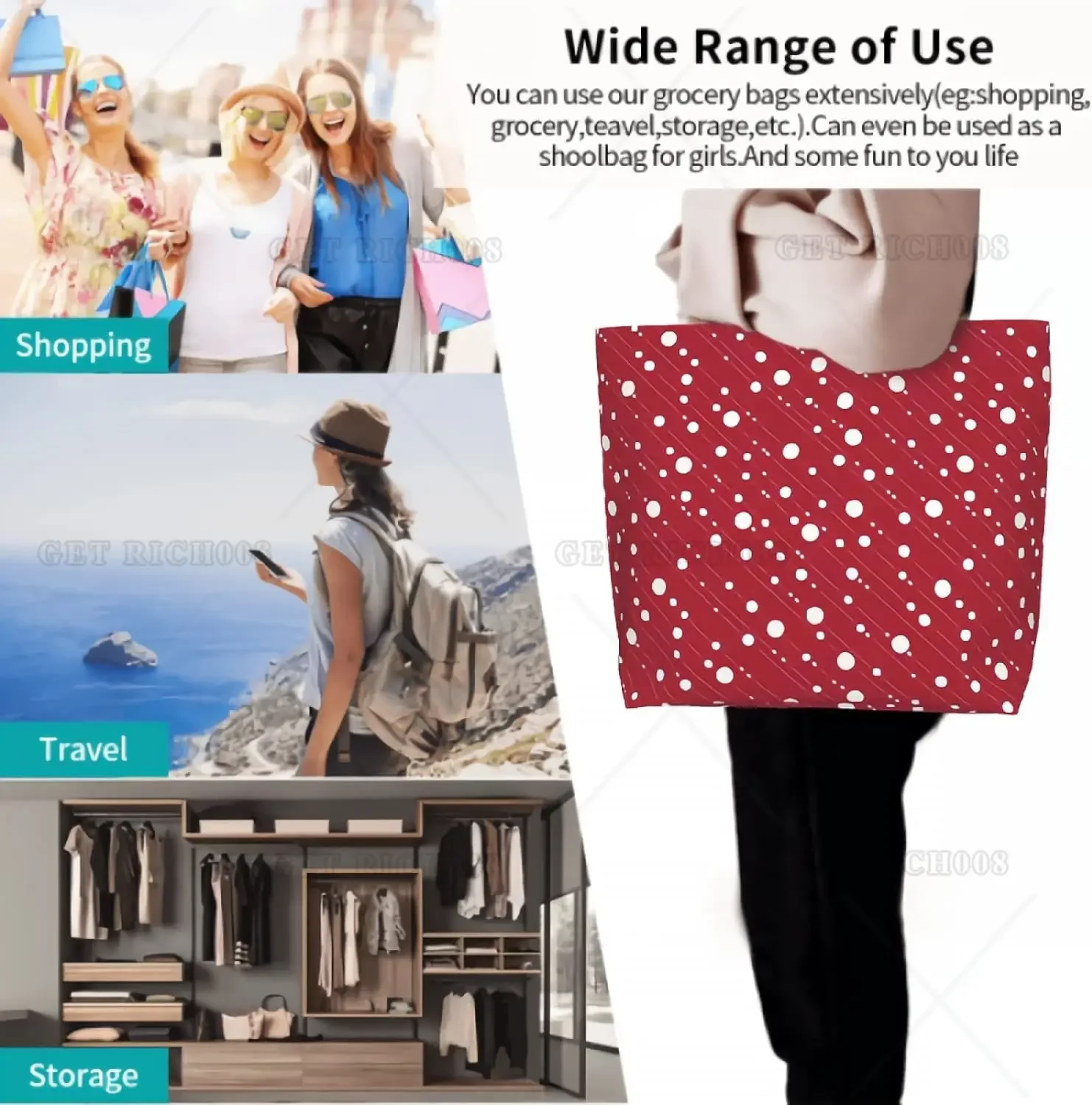 Red White Dots Christmas Style Shoulder Bag Large Women Reusable Eco-friendly Shopping Bags Portable Storage Handbag Fashion
