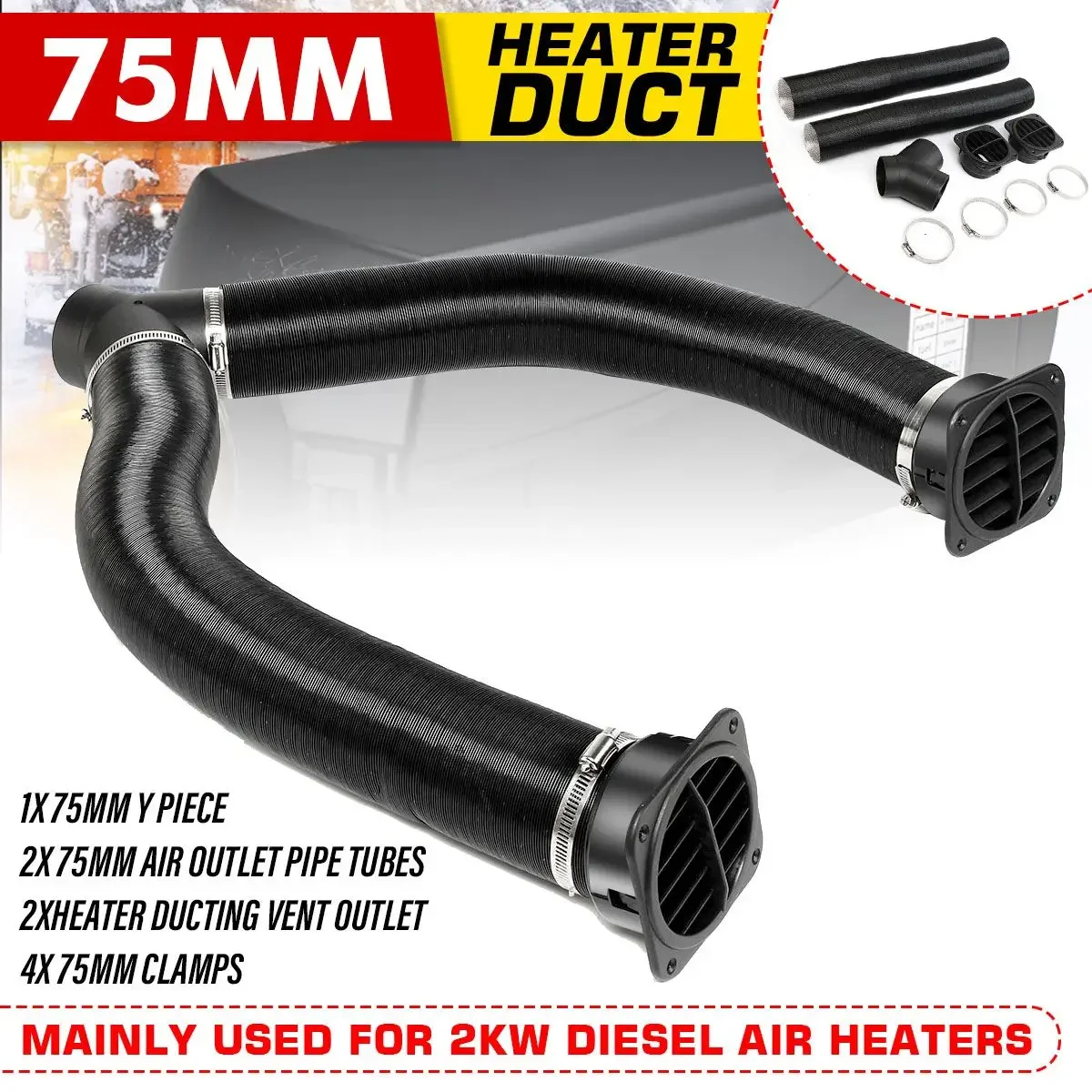 

100cm 75mm Car Heater Ducting Pipe Diesel Parking Heater Air Vent Outlet Y Piece Connector For Webasto Dometic Planer