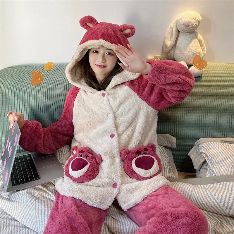 

Disney Anime Lots Winter Flannel Pajamas Suit Lots Bear Cute Coral Velvet Girl Adult Winter Thickening Coral Velvet Home Wear